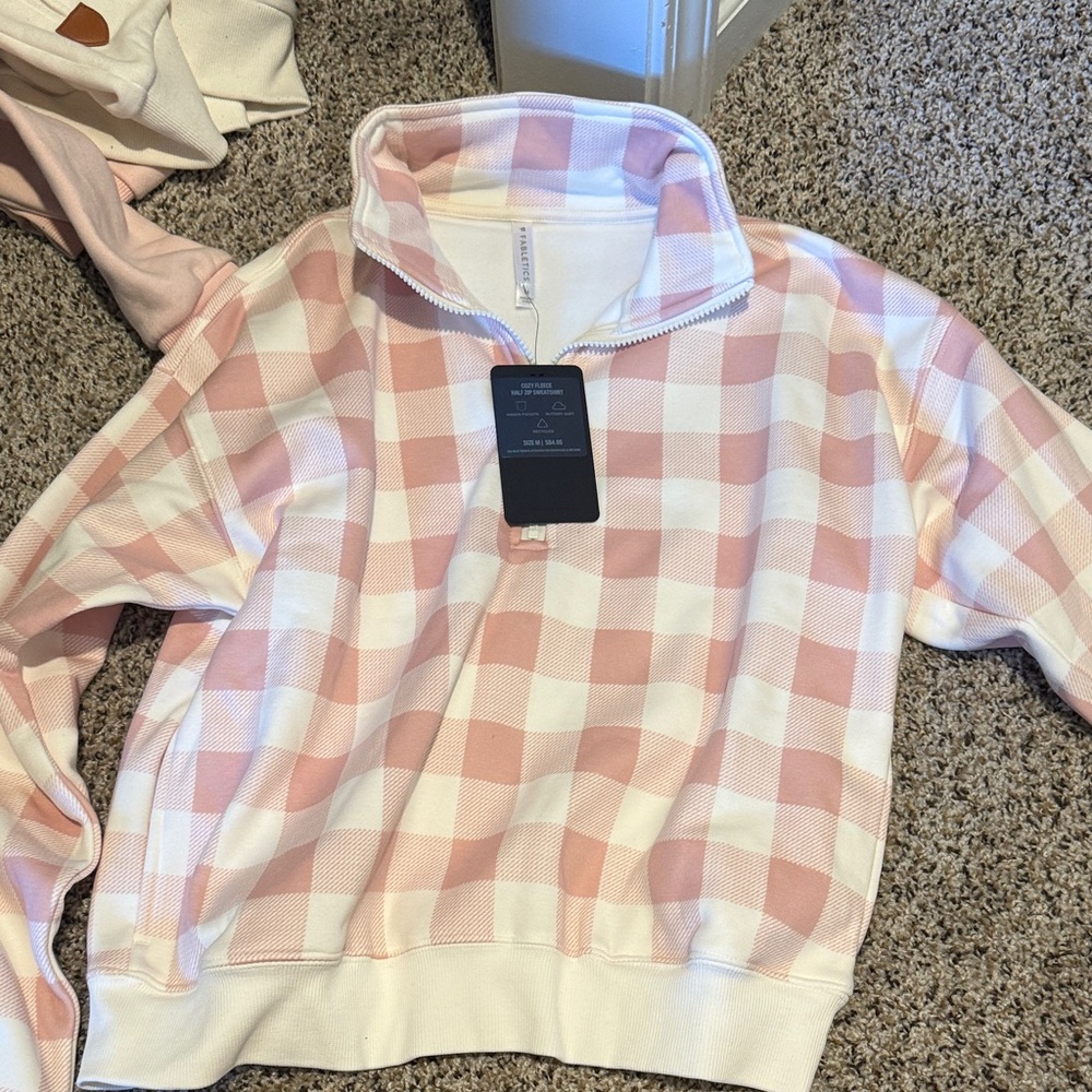 Fabletics Pink and White Checkered Cowl Sweater